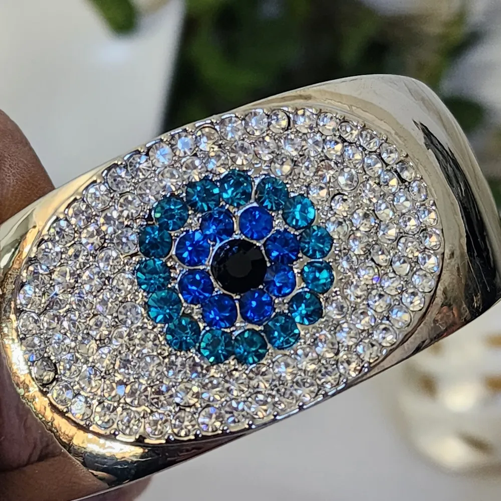 Silver Statement Clamper Hinge Bracelet Crystal Evil Eye Blue - Image 8