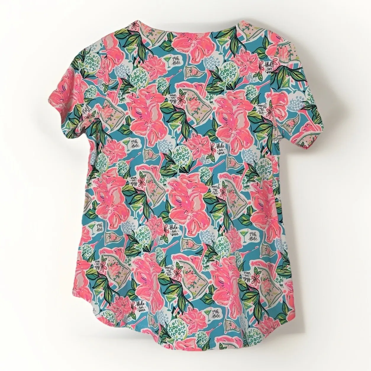 Lulu B Women's Small Tropical Golf Resort Top Pink Teal Floral V - Image 2