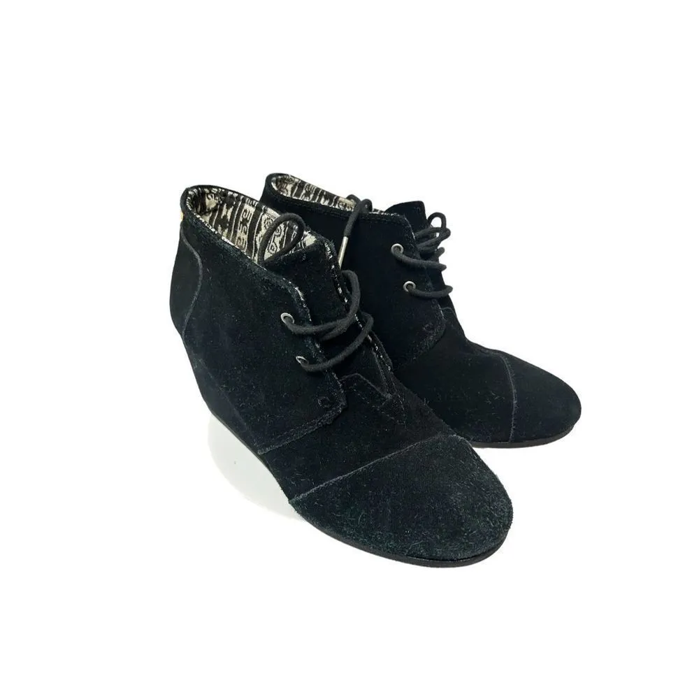Toms Black Ankle Bootie Wedge Lace Up Suede Chic Comfy Casual Women Size 9.5 - Image 6