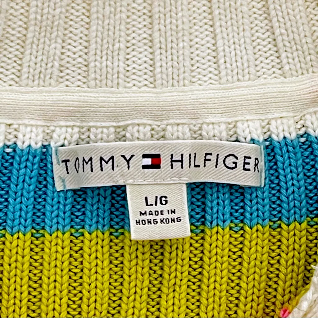 Y2K Tommy Hilfiger Striped Collared V-neck Thick Ribbed Knit Sweater L - Image 9