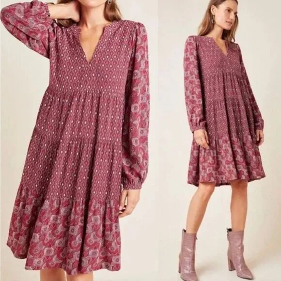 MAEVE x ANTHROPOLOGIE | Tiered Dress Amber Burgundy Red Off White Boho | Large - Image 2