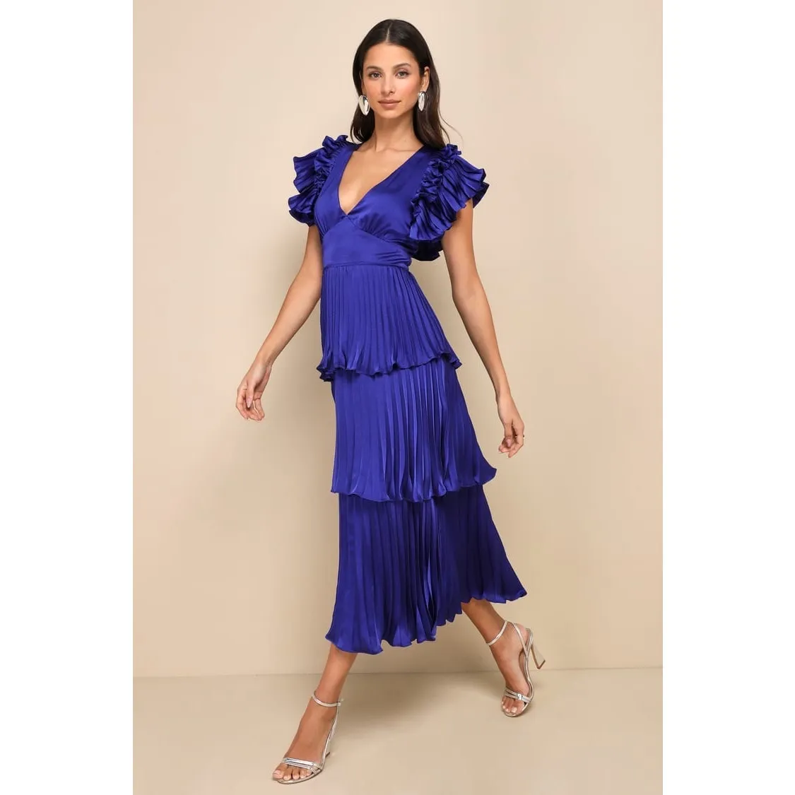 NWT Lulus Stunning Desire Cobalt Blue Satin Pleated Tiered Midi Dress Ruffle M - Image 7