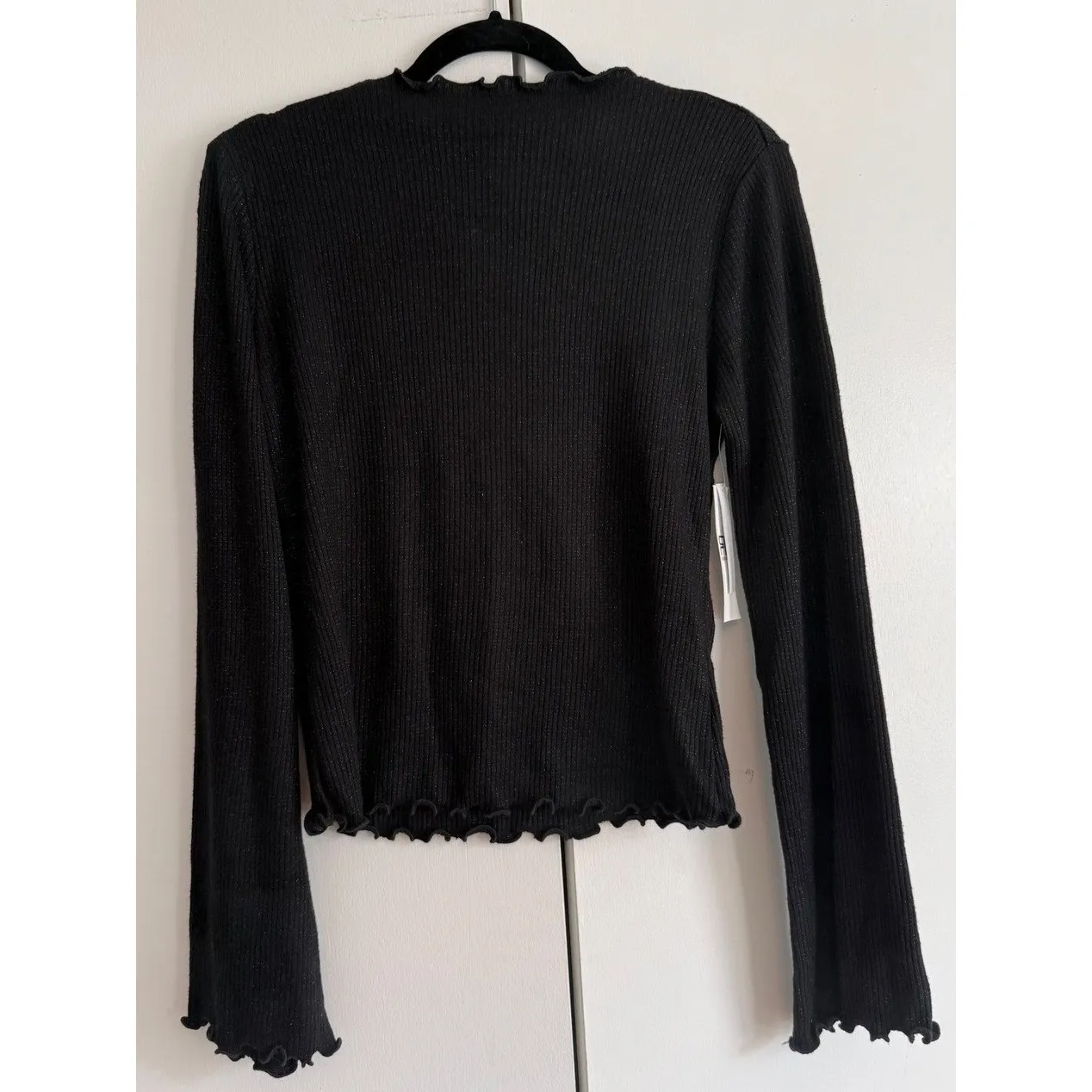 Robert Rodriguez Dalia Black Ribbed Sparkle Mock Neck Lettuce Trim Size S - Image 2