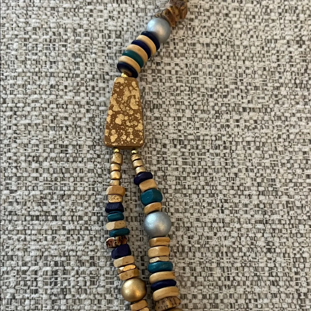 Casual Corner Gold and Blues Wooden Beaded Double Strand Necklace - Image 3