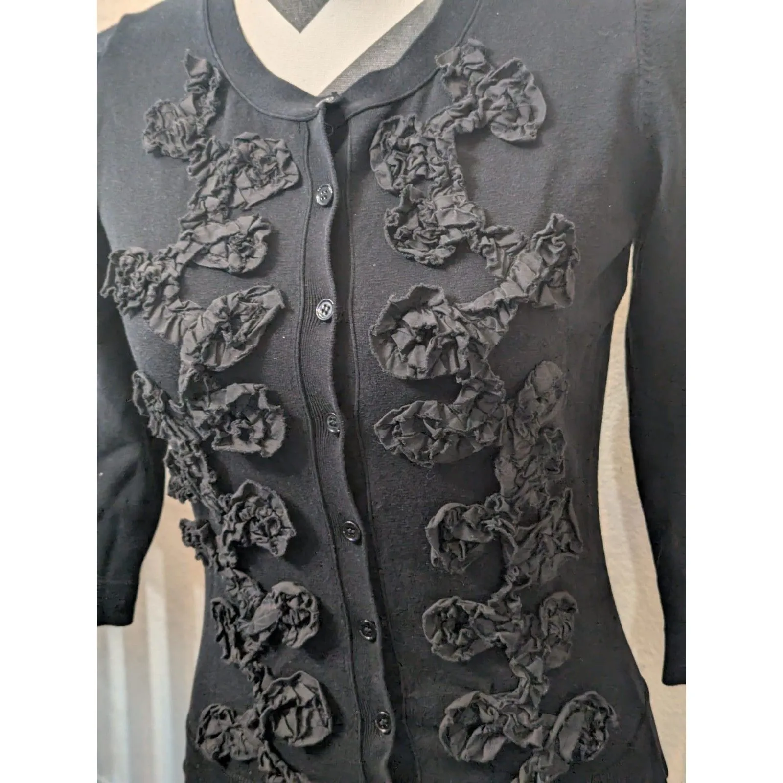 Evie. S Black Silk Blend Cardigan with 3D Rosette Ruffle Embellishments - Image 2