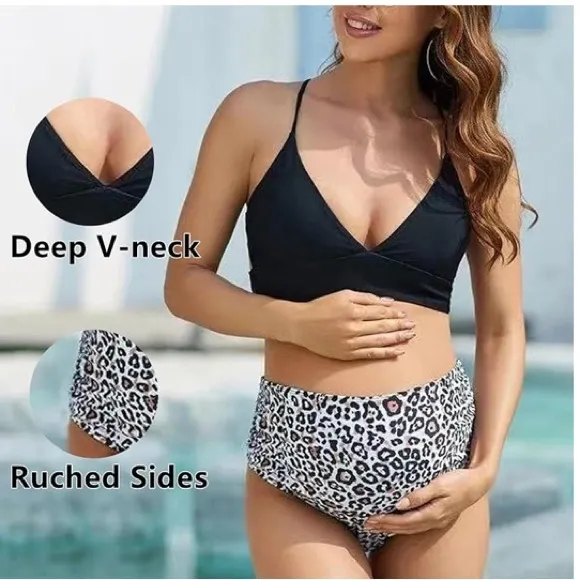 Maternity Black White Two Piece Animal Print Swimsuit Bikini V Neck Size XL Blue - Image 2
