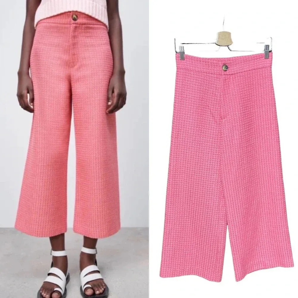 Zara Pants Cropped‎ Fit Tweed Textured Wide Leg Trousers Pink Size Small - Image 2