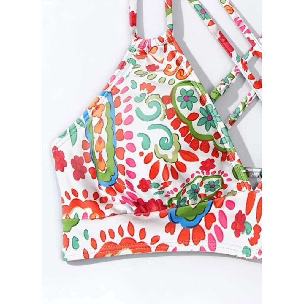 Colorful Floral Push Up V Neck Bikini Crisscross Back Two-Piece Swimsuit LARGE - Image 5