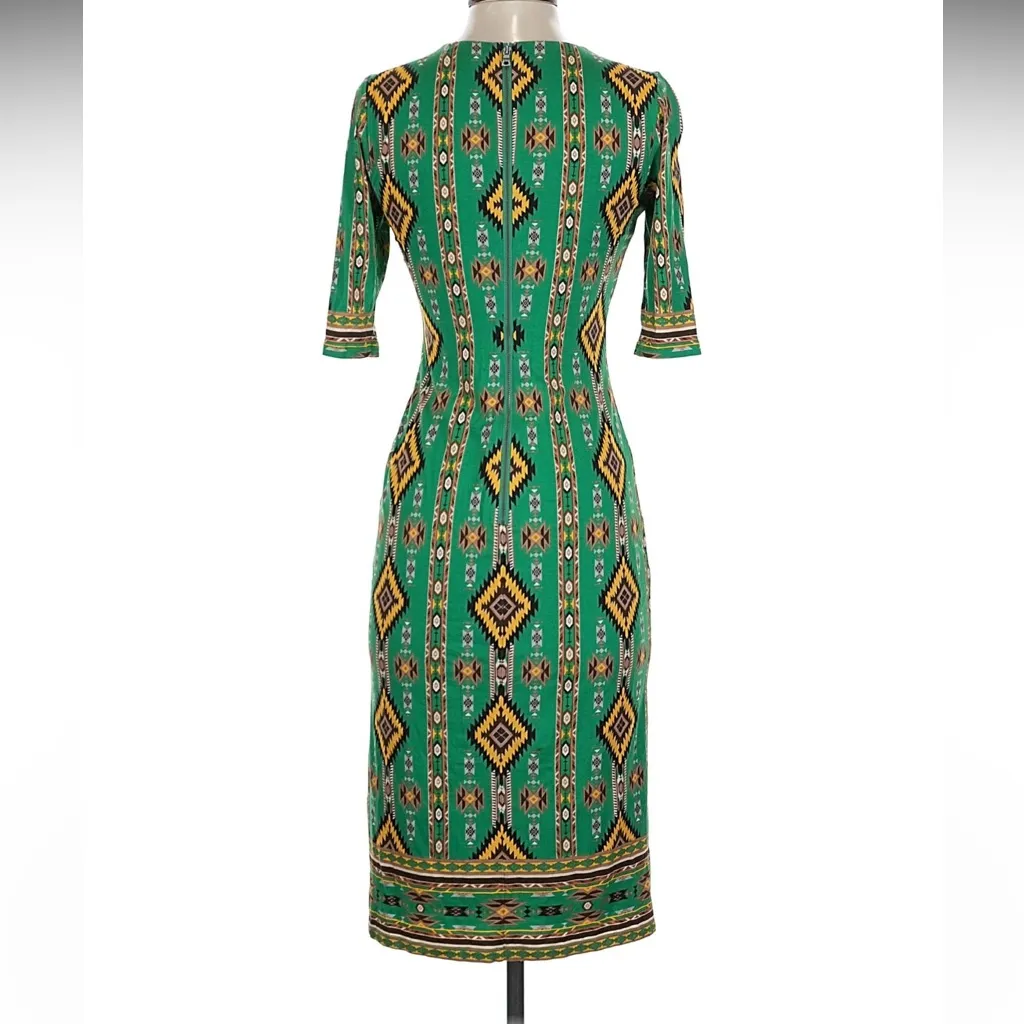 Alice + Olivia Geometric Green and Yellow Delora Ikat Long Sleeve Dress - Image 3