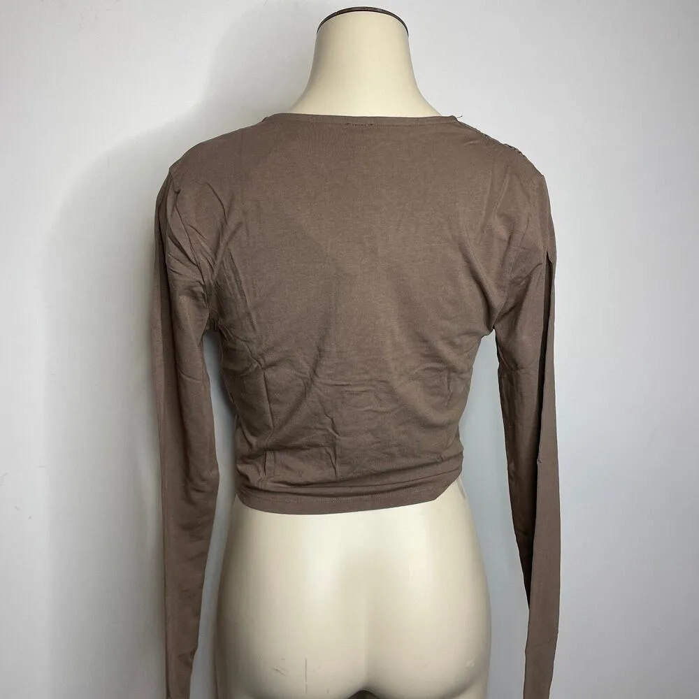 NWT Bobi Front Knot Crop Top SMALL Earth Brown Long Sleeve Jersey Knit Casual - Image 5