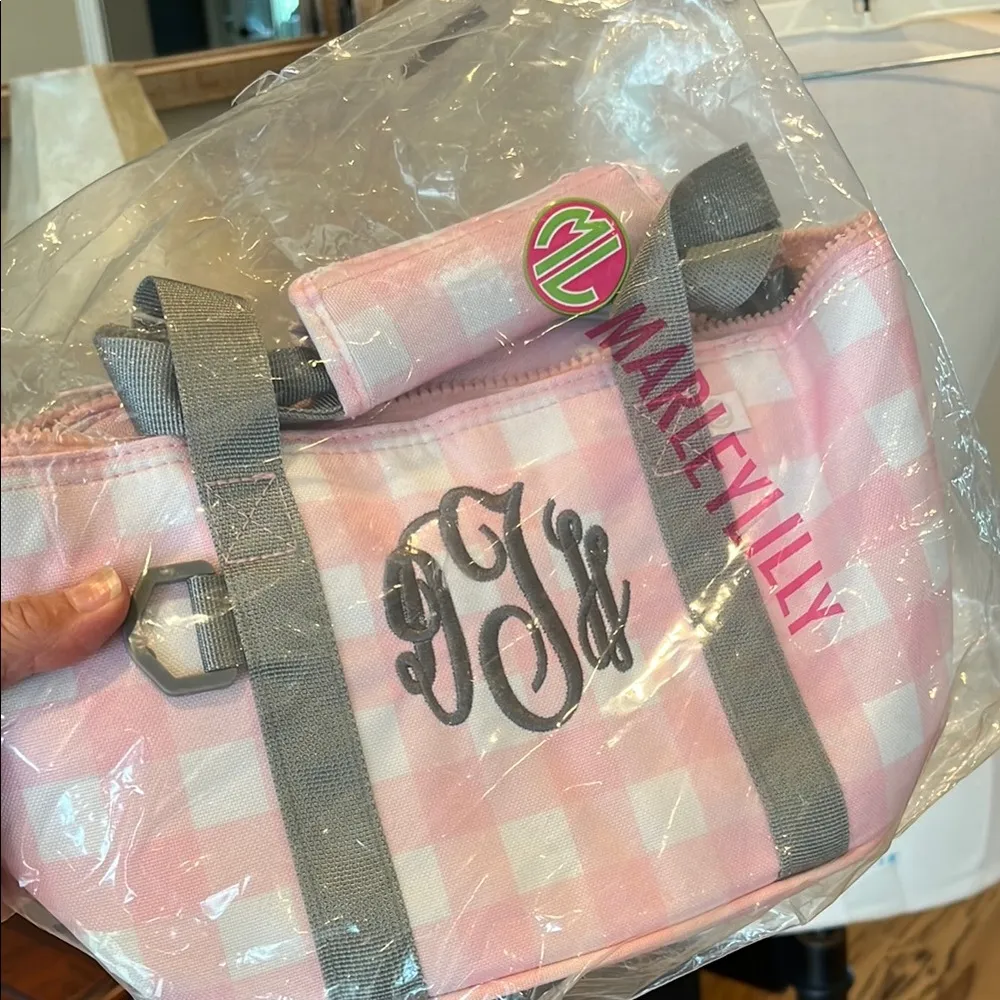 MarleyLilly Personalized Small Cooler Lunch Bag Pink Checked DHT Monogram - Image 3