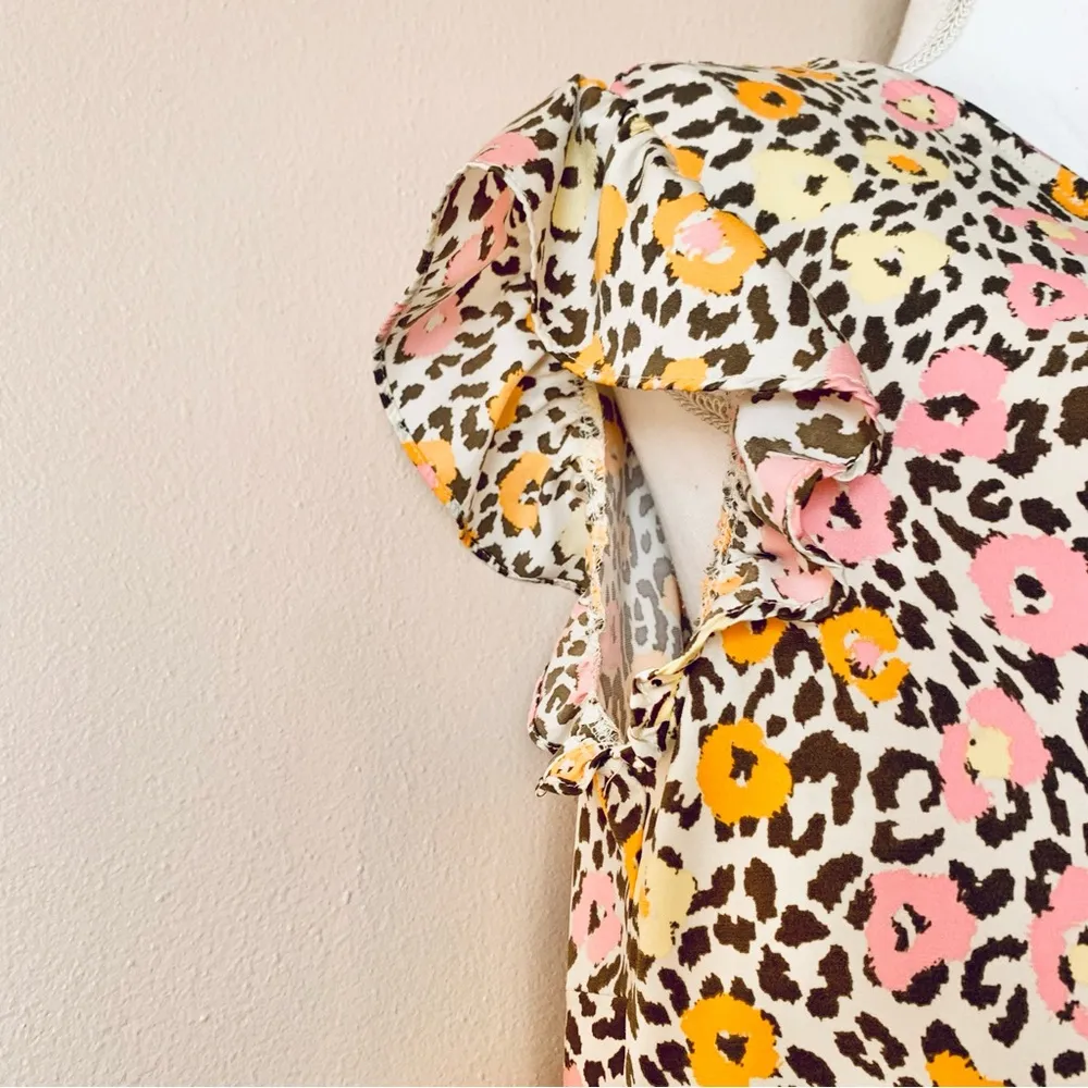 Cato Cream, Pink, Orange, Yellow & Brown Leopard Floral High Low Blouse. - Image 3