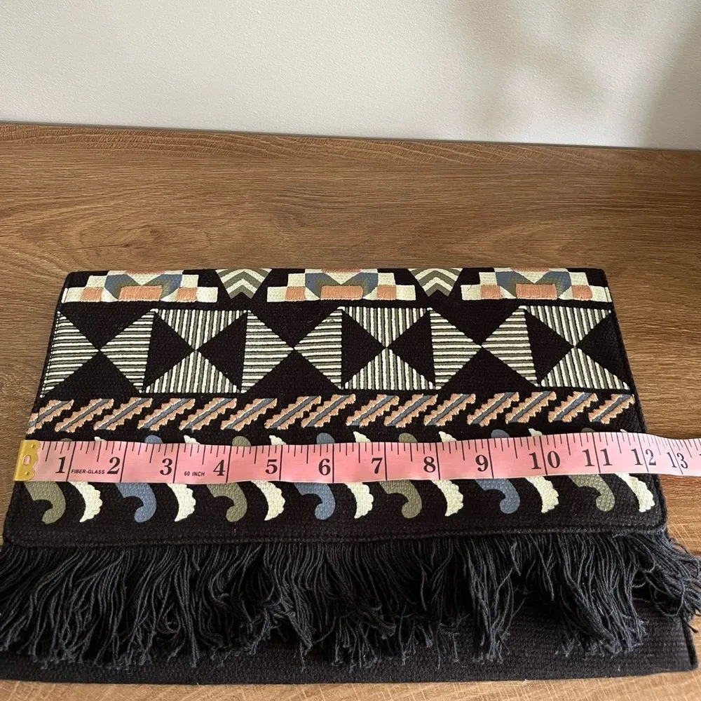 Stella & Dot Embroidered Boho Fringe Clutch Black Blue Tribal Wristlet - Image 7