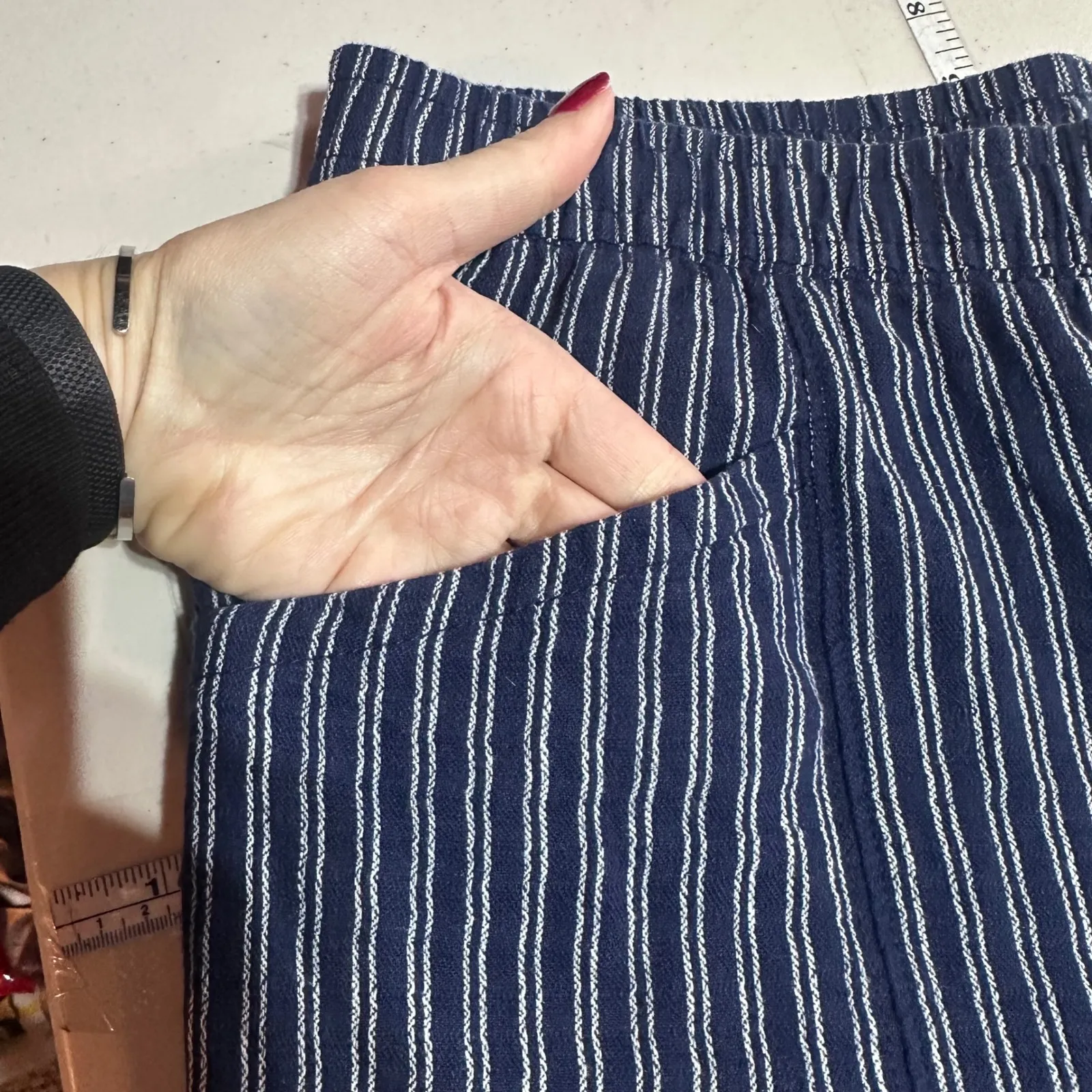 Old Navy Linen Blend Striped Cropped Pants Womens Size L Tall Blue White - Image 11