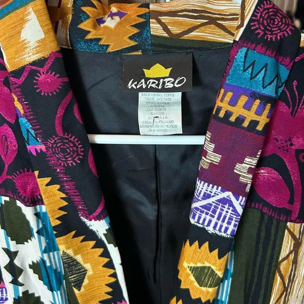 Vintage 90s Oversized Boho Blazer Karibo Western Aztec Print Black Size M - Image 4