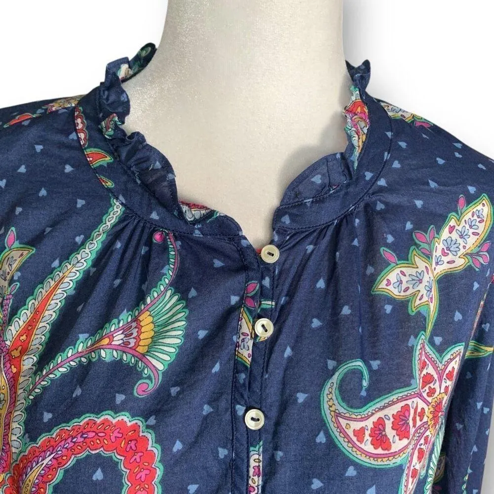 Talbots Navy Paisley Heart Print Ruffled Button-Up Long Sleeve Top Size Medium - Image 4