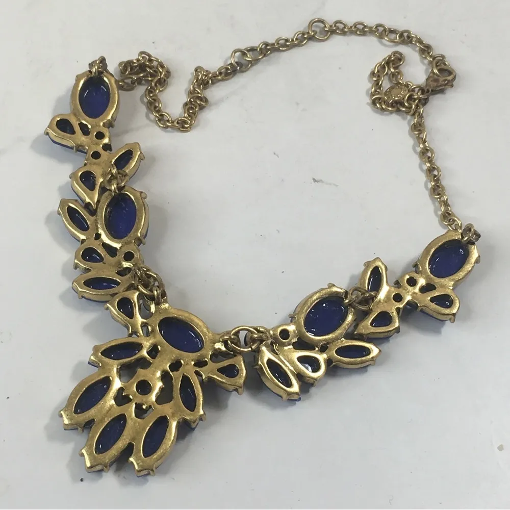 J Crew statement necklace gold tone blue glass floral 20" - Image 4