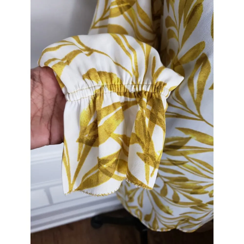Kaari Blue Blouse Women’s L Yellow Floral Long Sleeve Ruffle Cuff Tunic Top - Image 5