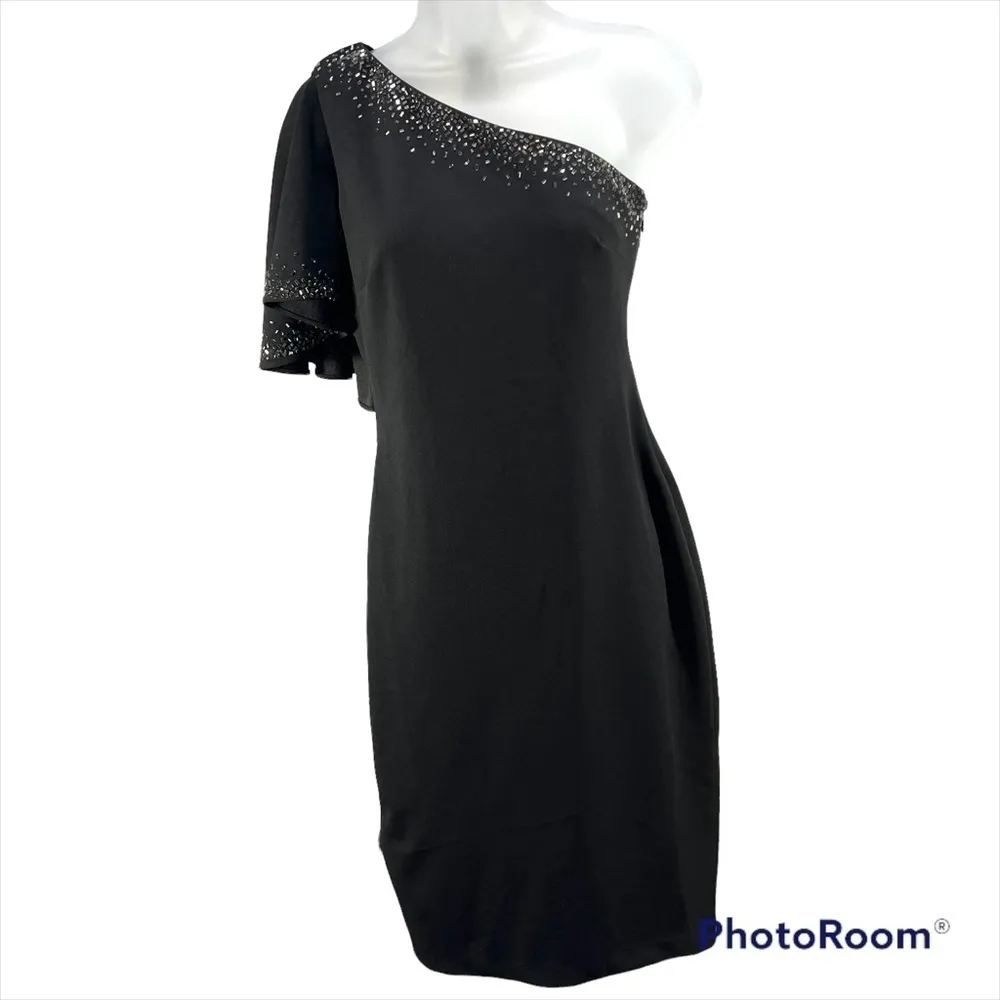 NWT Calvin Klein Women's One-Shoulder Black Ruffle-Sleeve Cocktail Dress Sz 2 - Image 4