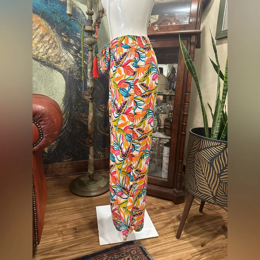 Women's Caribbean Joe Wide Leg Pants S White Multicolor Tropical Print Pink - Image 2