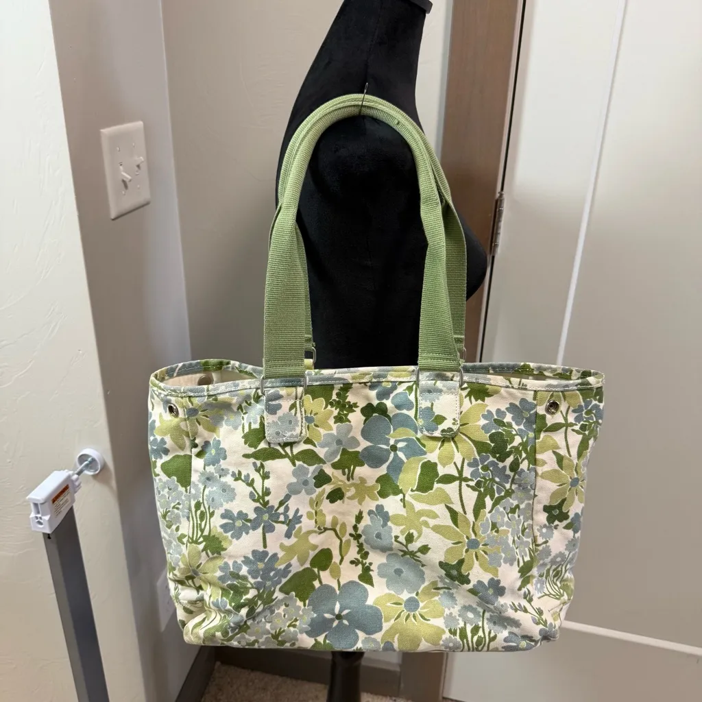 Vintage Eddie Bauer Large Canvas Tote Bag Green Blue Floral Pastel Adjustable - Image 5