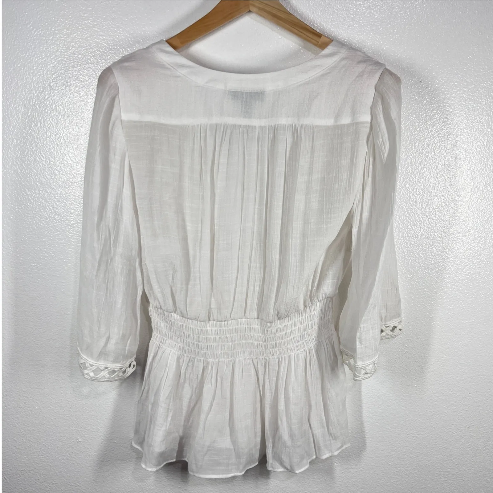 Alfani White Peasant Blouse Crochet Trim 3/4 Sleeve Top Size Small Coastal Beach - Image 2