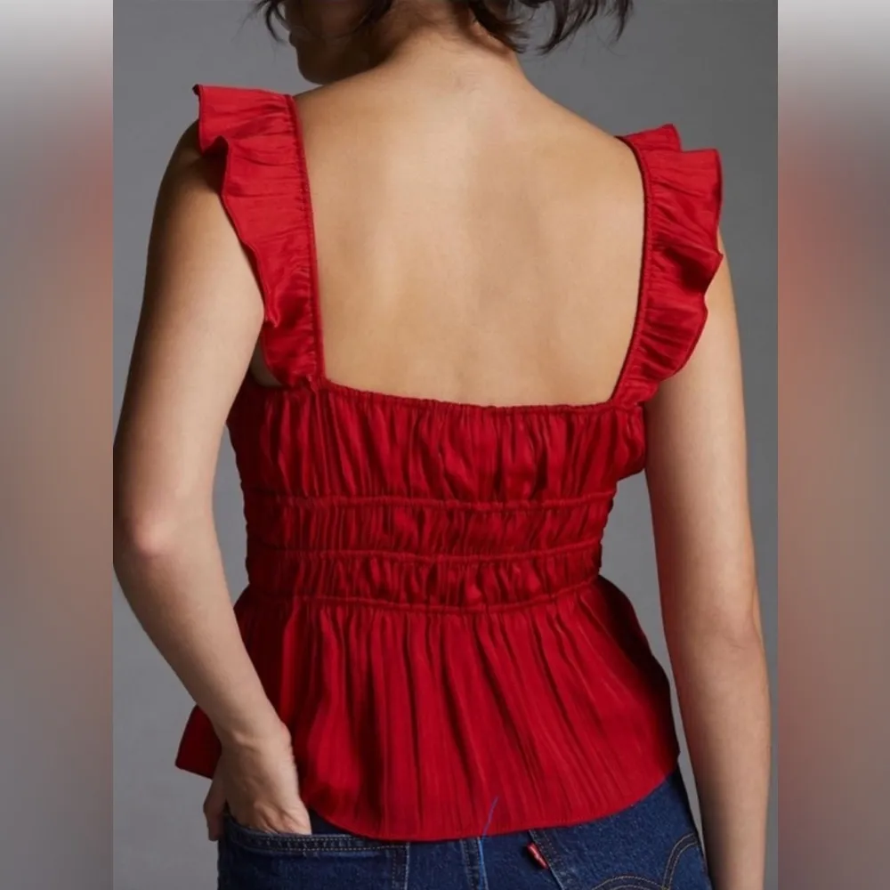 Red Anthropologie Blouse—Ruched, Smocked, Sleeveless with Ruffled Straps… - Image 2