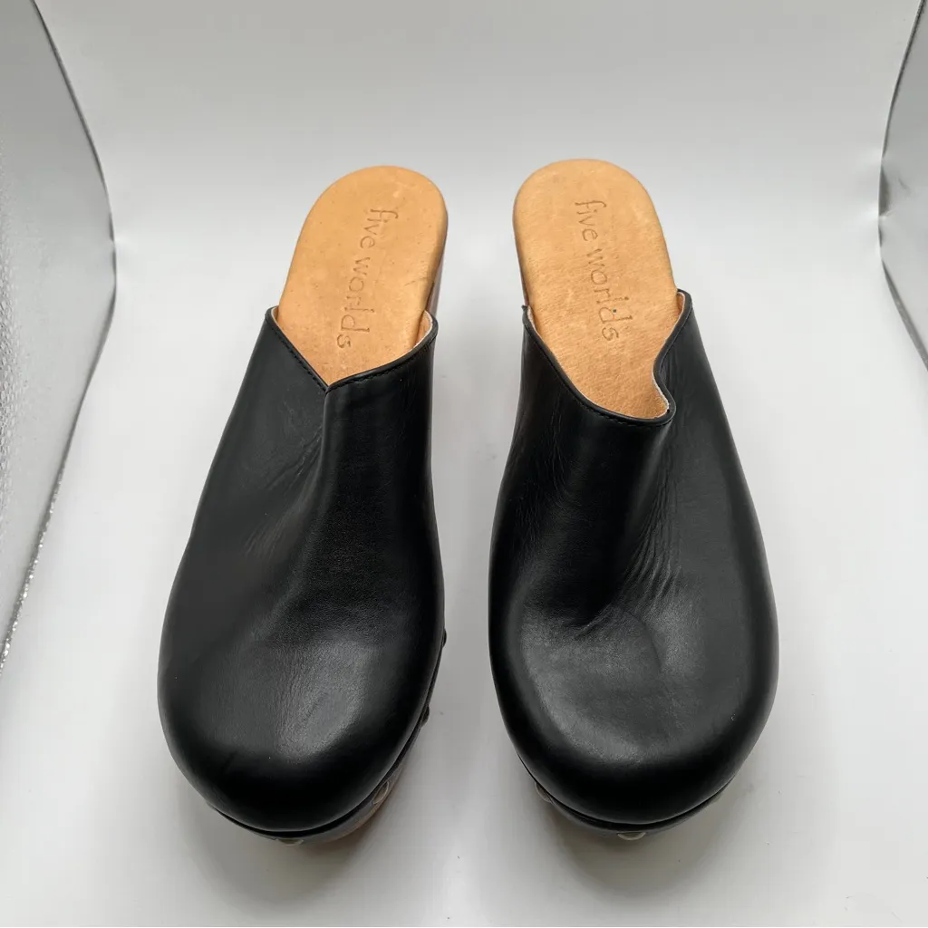 NWOB Anthropologie five world Cordani Zorba heels wedge wooden SZ 10 mule black - Image 6