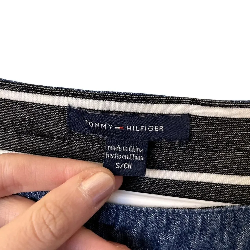 Tommy Hilfiger rayon black and white blue denim striped midi dress bodycon - Image 3