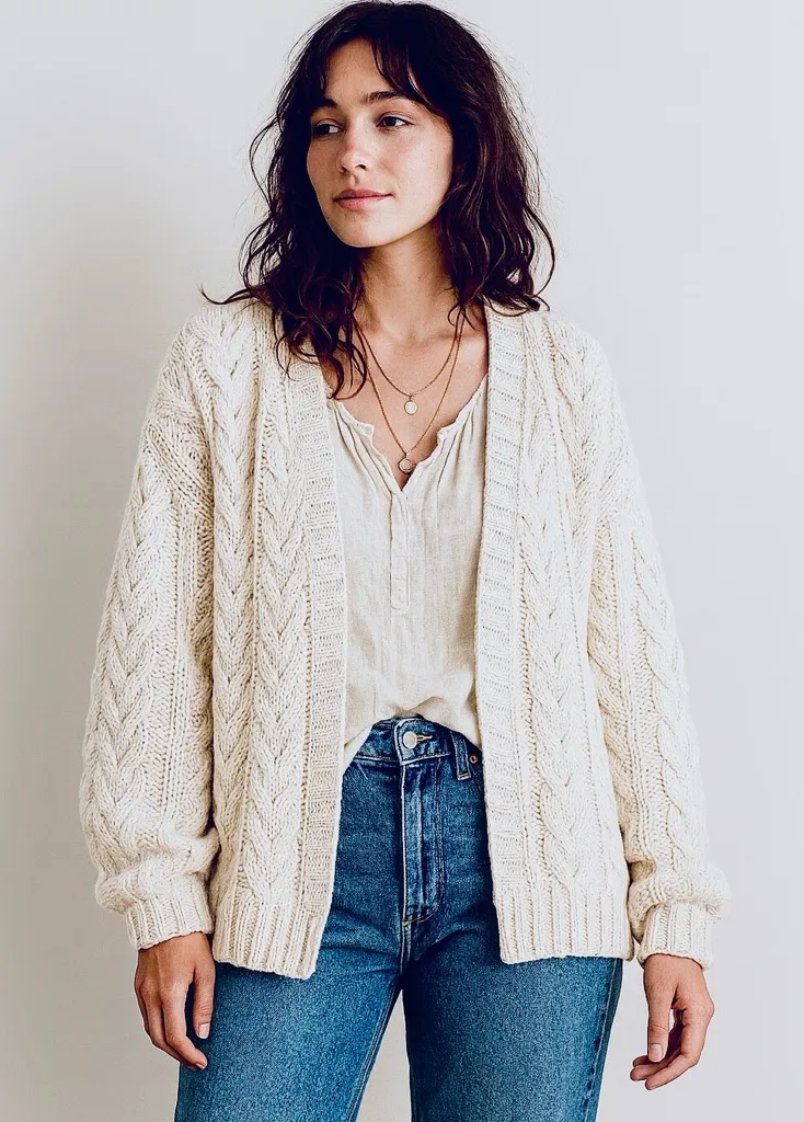 For The Republic Cable Knit Open Front Chunky Cardigan Sweater Cream Size M - Image 1