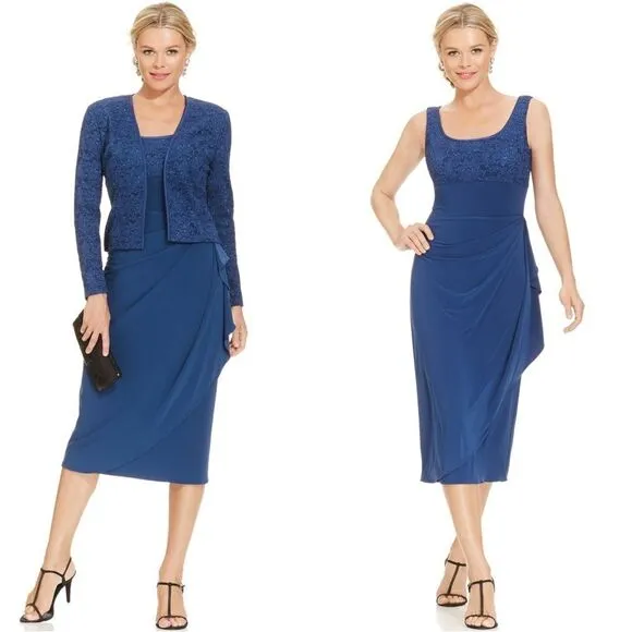 New! ALEX EVENINGS Women's Glittered Lace 2-Piece Jacket & Dress Size 8 Blue - Image 2