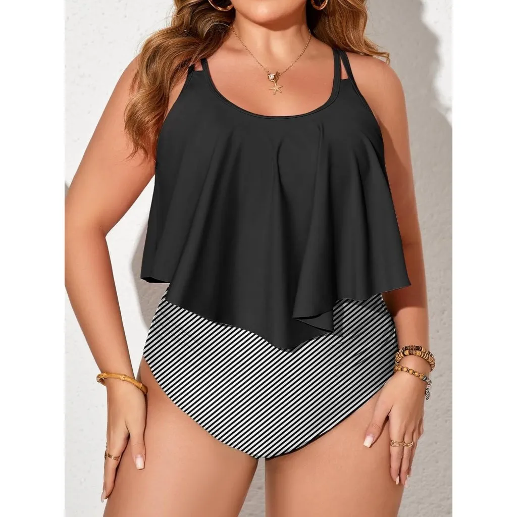 Plus Size Tankini Swimsuit Tummy Control 2 Piece Bathing Suit Flowy Top 16W Black - Image 4