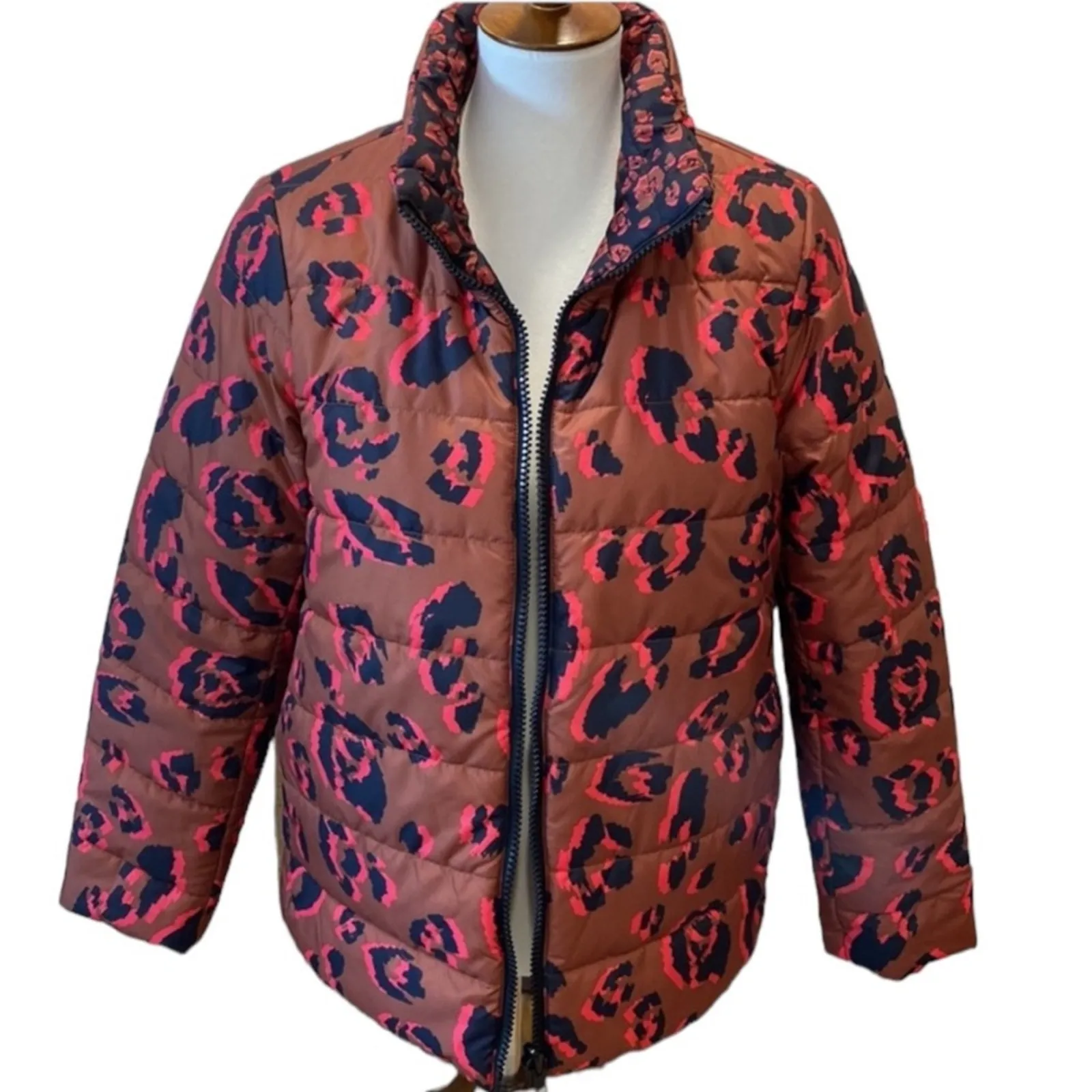 Womens Large Puffer Jacket Coat Leopard LOGO by Lori Goldstein Cheetah Boho Anim - Image 8