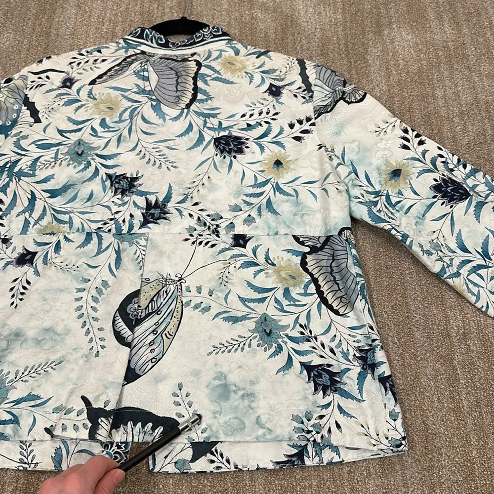 Citron Santa Monica Cotton Silk Three Button Blazer Floral Butterfly Large Read Blue - Image 13