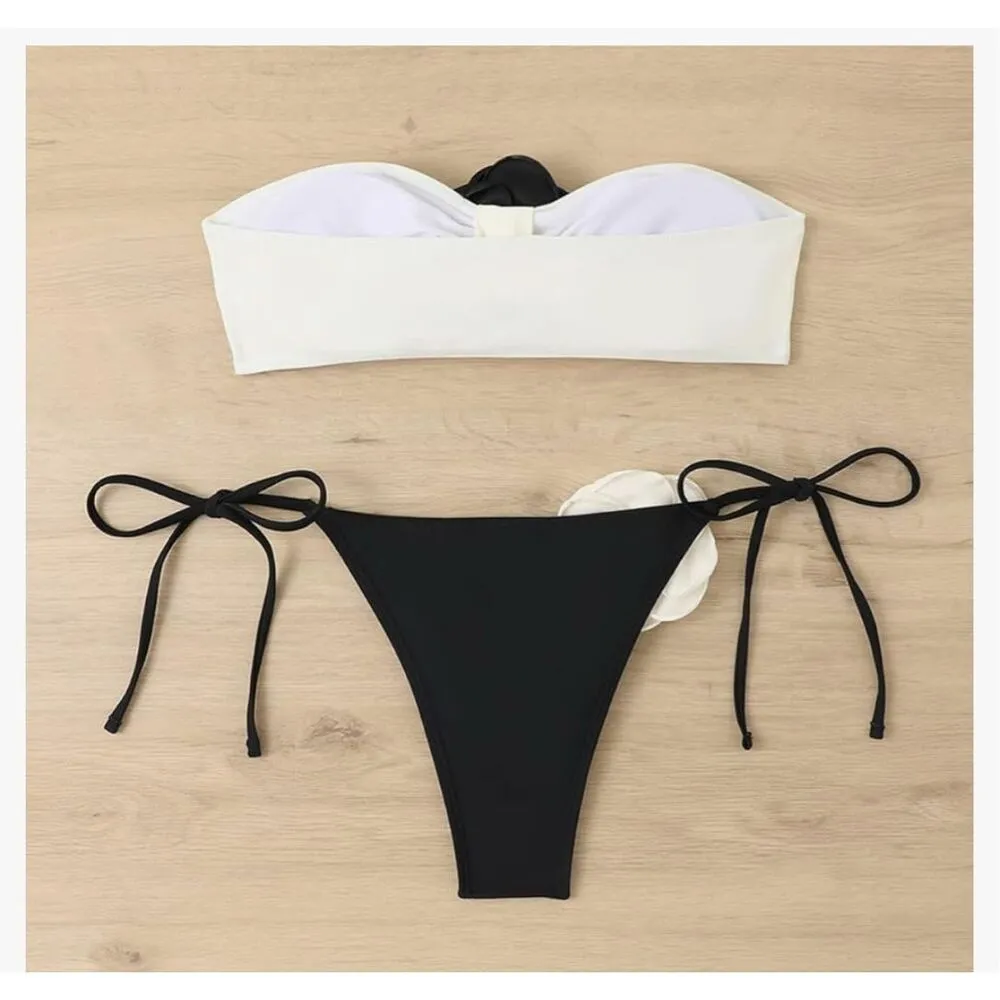 NEW~ 2 Pc 3D Rose Bandeau Bikini Swimsuit Bathing Suit Beachwear M Black Size M - Image 2