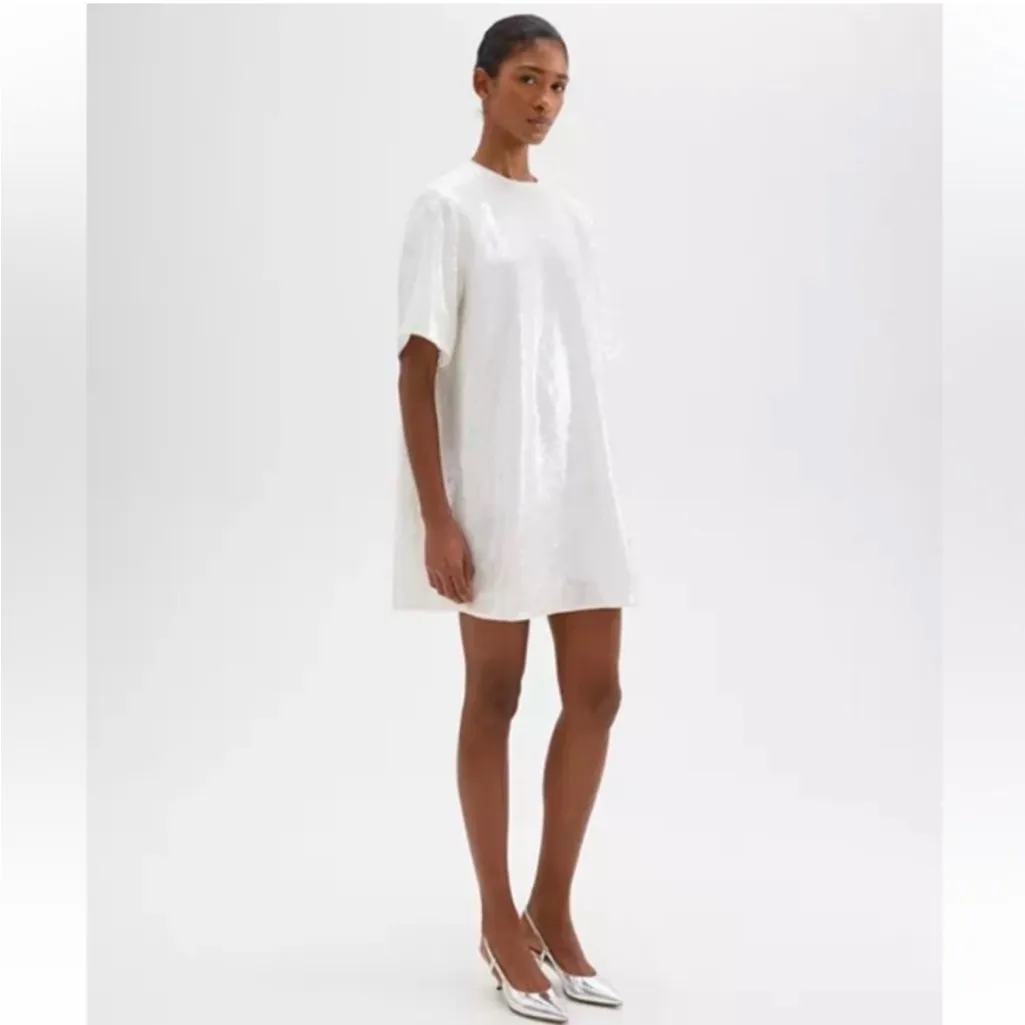Theory Sequin T-Shirt Mini Dress Oversized White Small Chic Holiday Bridal Party - Image 2