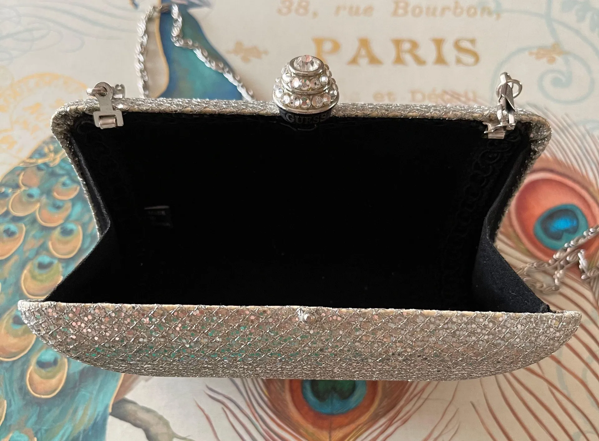 silver sparkling shimmering glitter embellished small mini minaudiere chain bag - Image 5