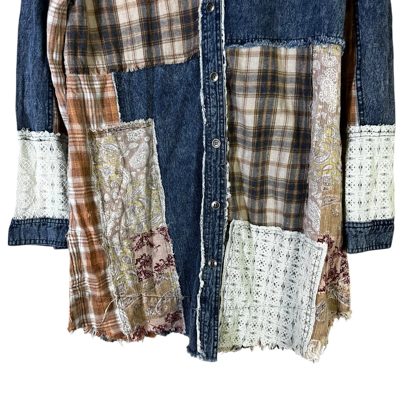 Gimmicks Patchwork Denim Plaid Oversized Shacket Womens XL Brown Coastal Cowgirl - Image 4