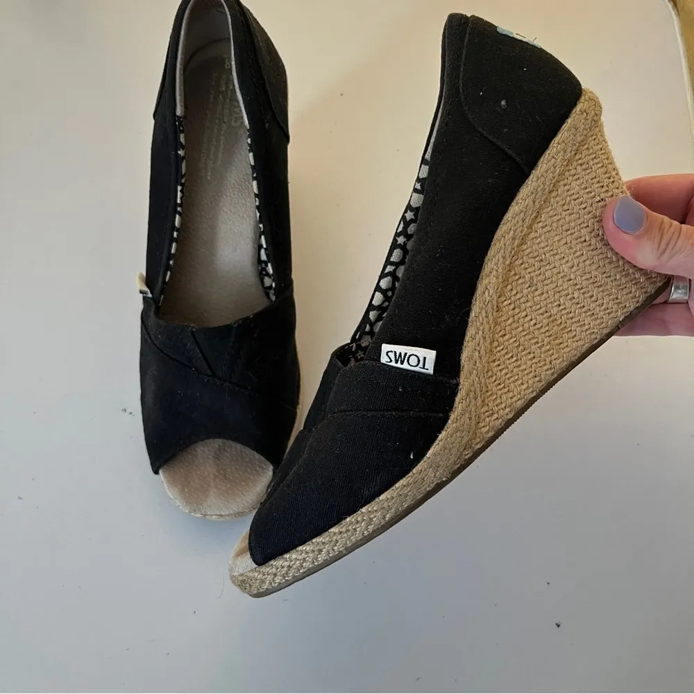 Toms Women's Black Twill Classic Wedge Sandals Cork Heel Peep Toe Shoes Size 8 - Image 2