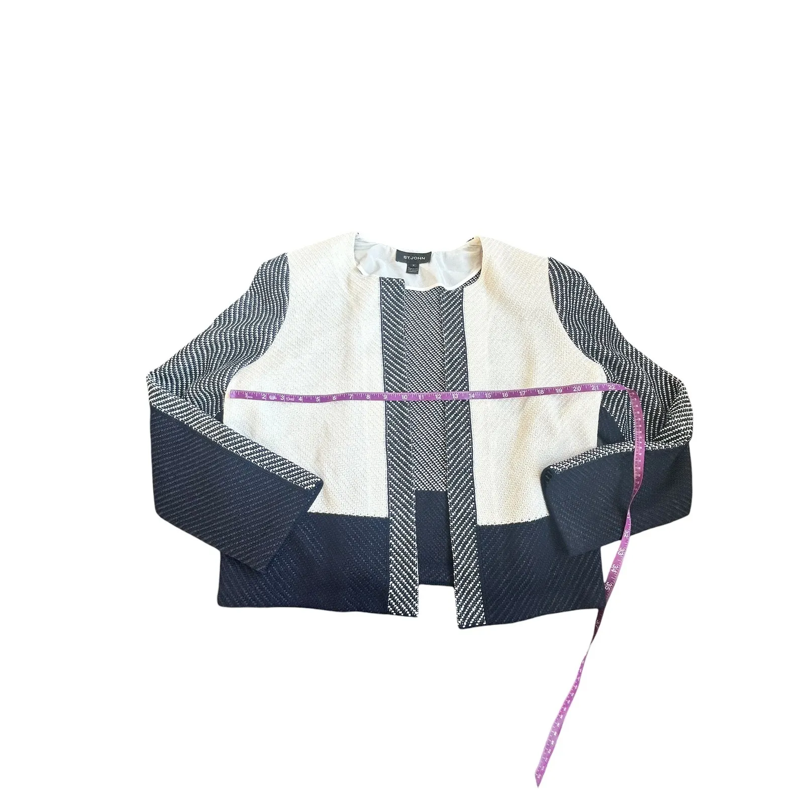ST JOHN Knit Jacket White Black Geometric Stripe Open Front Cropped Size 18 - Image 10