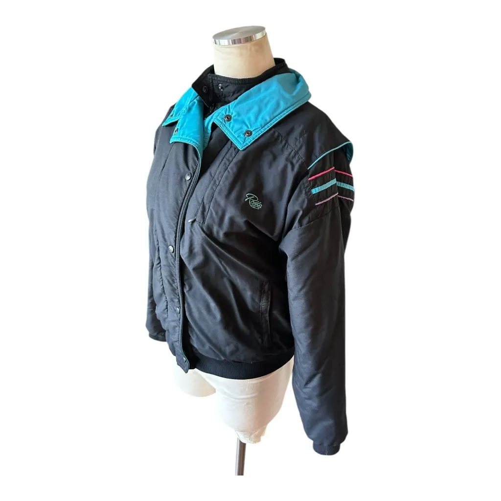 VTG Roffe Ski Snow Jacket Black teal 80s 90s Made In USA Womens M/L Bomber Size M - Image 2