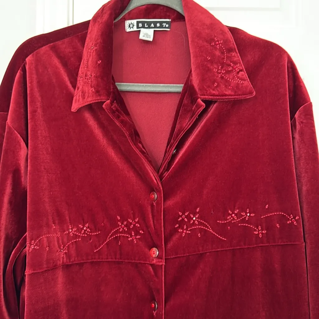 Vintage Y2K velvet beaded button down shirt Red Size XL - Image 3
