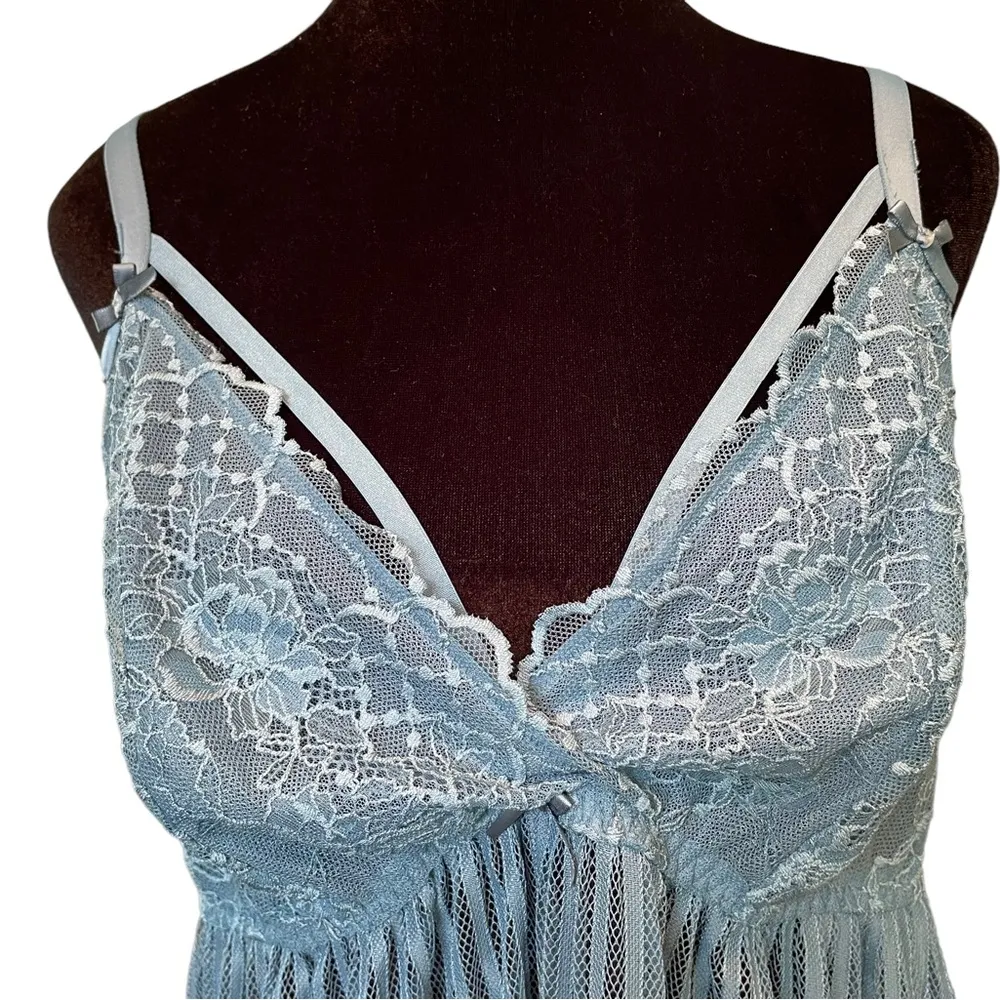 NEW Cacique Steel Blue All Over Sheer Lace Caged Babydoll Lingerie Slip Dress - Image 2