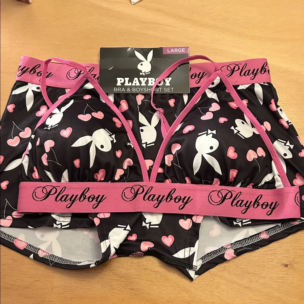 New Women’s PLAYBOY Black and Pink Bunny 🐰 Print Bra & Boyshort Set Size Large - Image 3