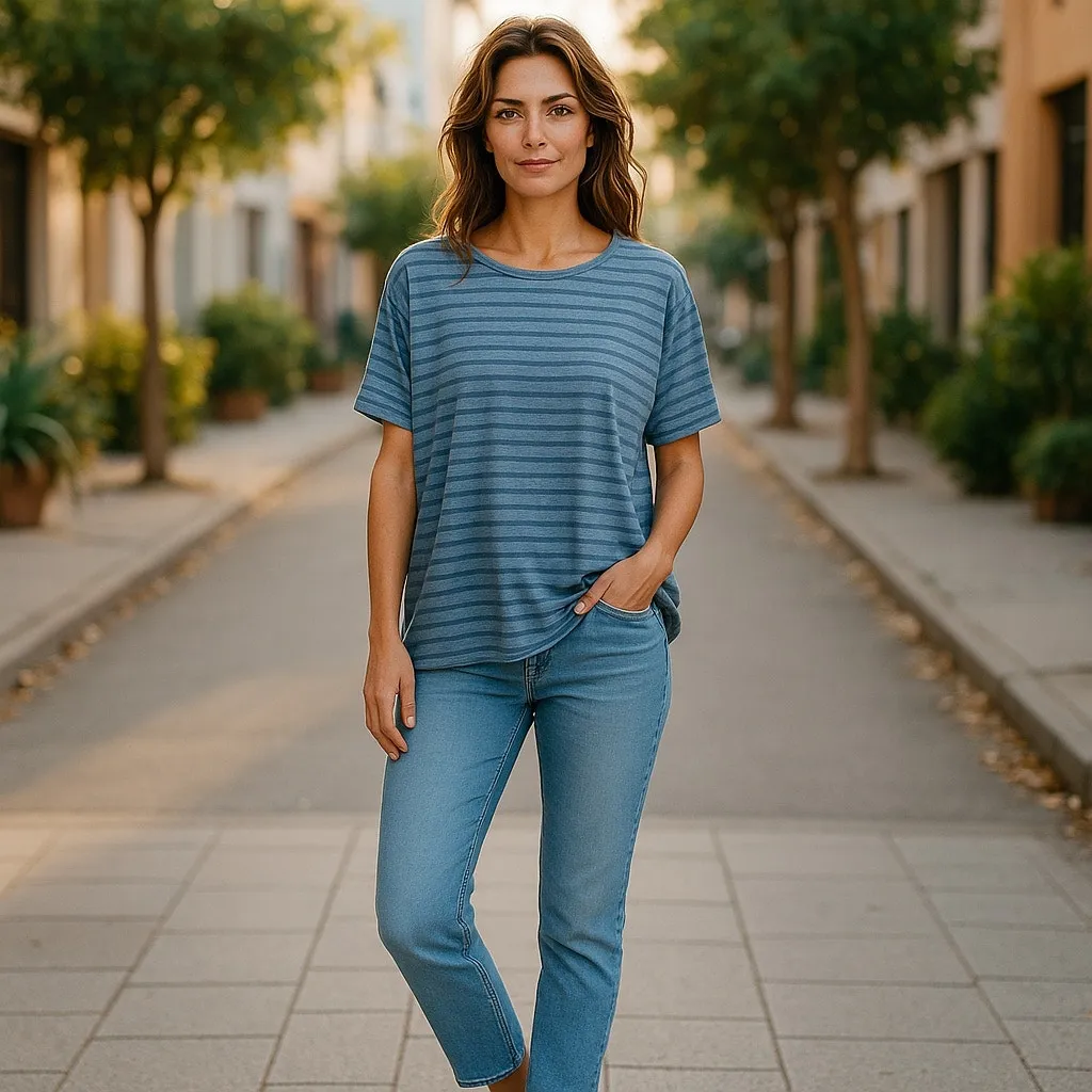 LuLaRoe‎ Womens Top XS Blue Stripe Irma Tunic Knit Shirt Hi Low Short Sleeve - Image 2