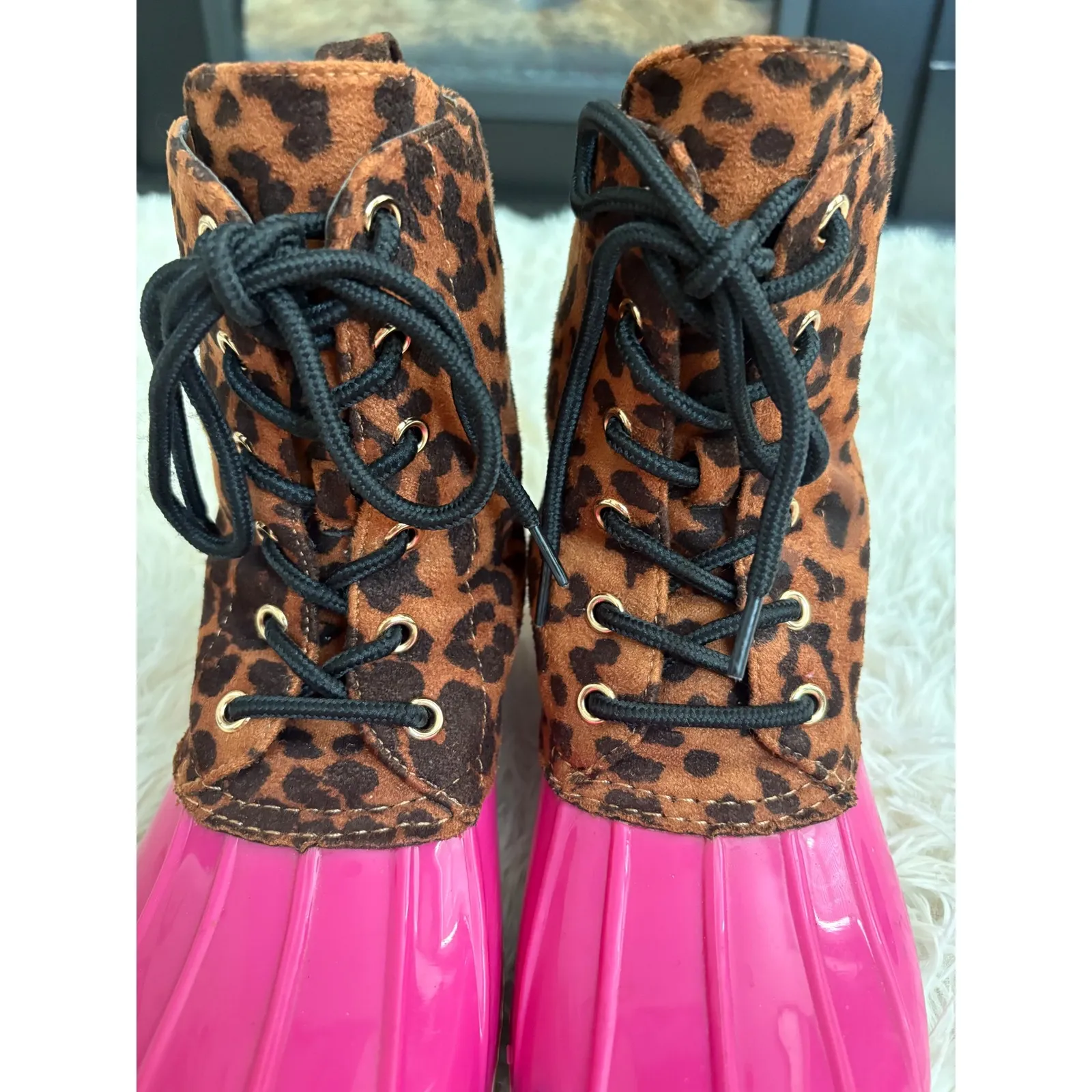 Cape Robbin Leopard Print Duck Boots Hot Pink Rubber Women's Size 5 Rain Boots - Image 6