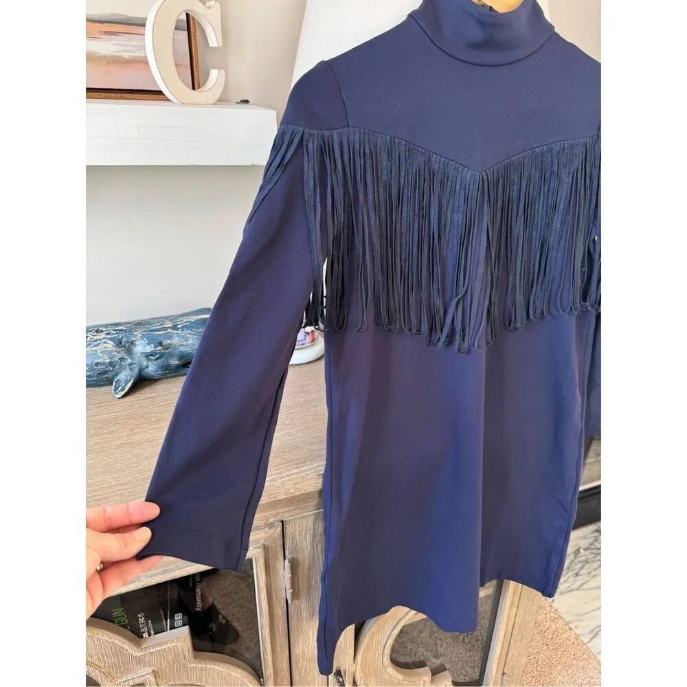 Tuckernuck Dress Women Navy Blue Cowgirl Suede Fringe Long Sleeve Size XSmall - Image 2