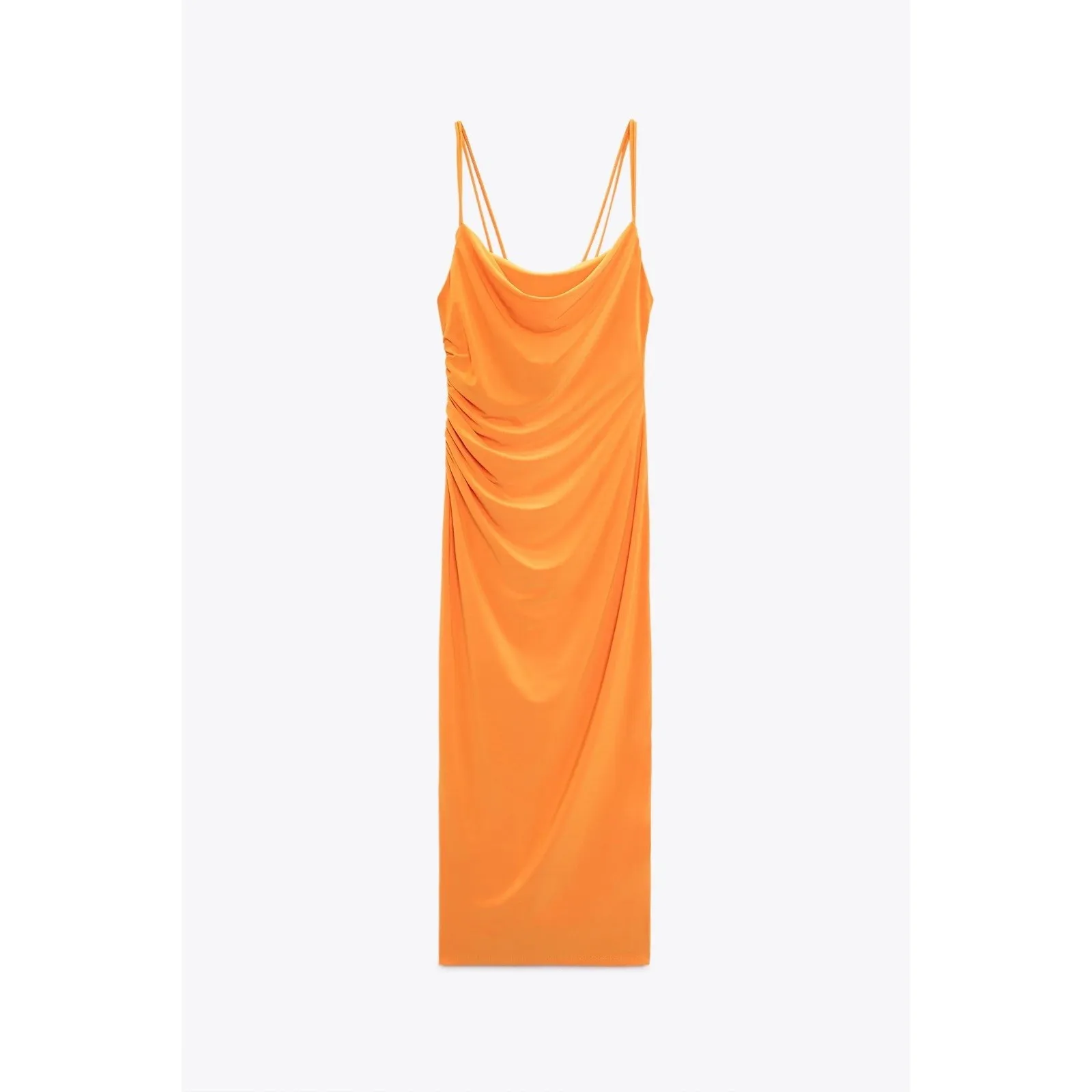Zara Women's Orange Cowl‎ Neck Rouching Strappy Bodycon Midi Dress Size Small - Image 2