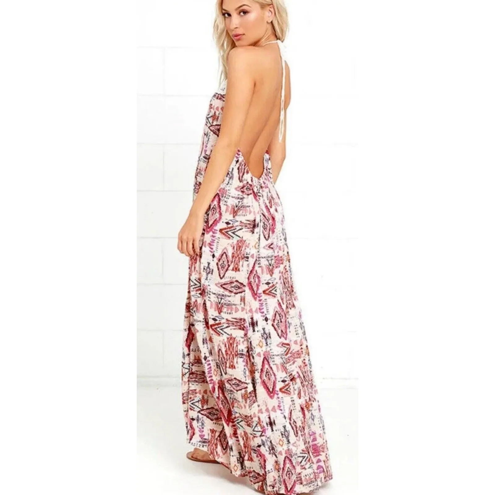 Billabong Beige Shine On Geo Print Low Back Breezy Crochet Halter Maxi Dress Med - Image 3