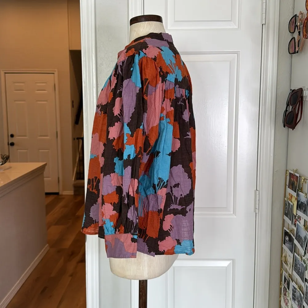 Anthropologie Porridge bright print lightweight cotton button down blouse Brown Size L - Image 8